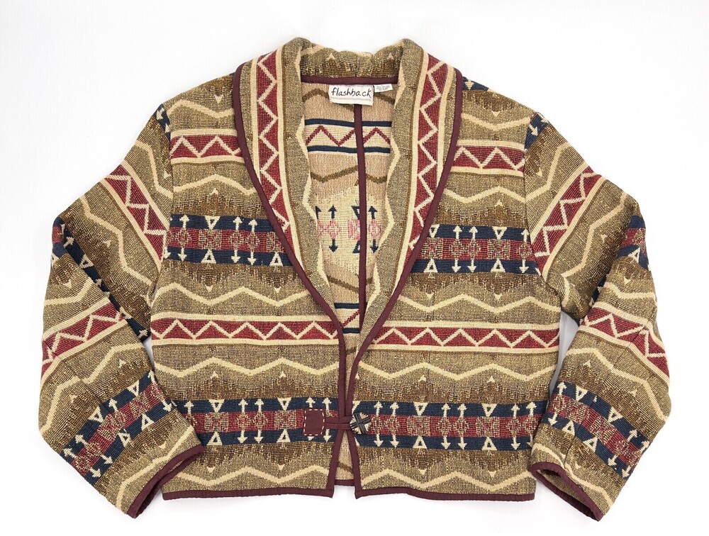 Flashback Cardigan Sweater Womens Large Aztec Long Sleeve Single Button Crop